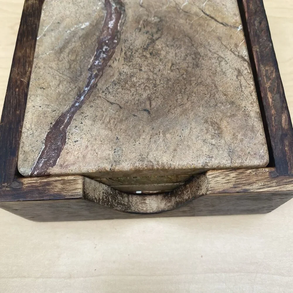 Marble Stone Coaster Set of 4 w Wood Holder Natural Veining Square Heavy
